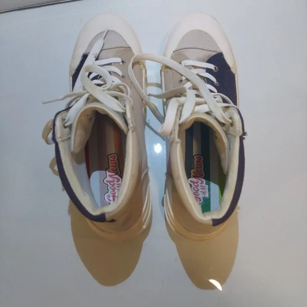 Limited H&M + GOOD NEWS Colab Navy/Sand Canvas Hightop Sneakers Women Sz 7 EU 39